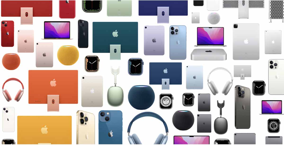 showcasing Apple product line up with multi colored Apple MacBook iPad iPhone AirPods HomePod iMac AirPod Max